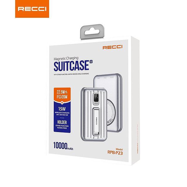 RECCI hotsell suitcase style powerbank Wireless PD 20W 10000mAh fast charging power bank with holder