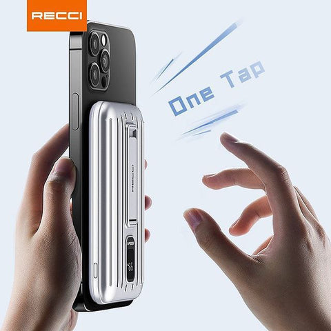 RECCI hotsell suitcase style powerbank Wireless PD 20W 10000mAh fast charging power bank with holder