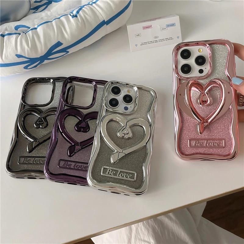 Gradient Bing Glitter 3D Love Heart Holder Bracket Phone Case For iPhone