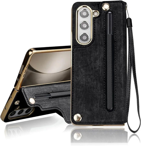 Leather phone case Compatible For SamsungGalaxy Z Fold 3/4/5 with hand strap electroplate phone case with pen & pen slot