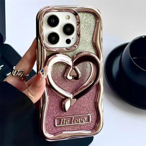 Gradient Bing Glitter 3D Love Heart Holder Bracket Phone Case For iPhone