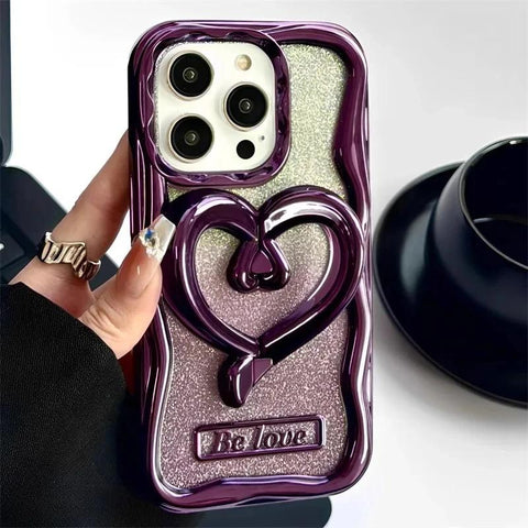 Gradient Bing Glitter 3D Love Heart Holder Bracket Phone Case For iPhone